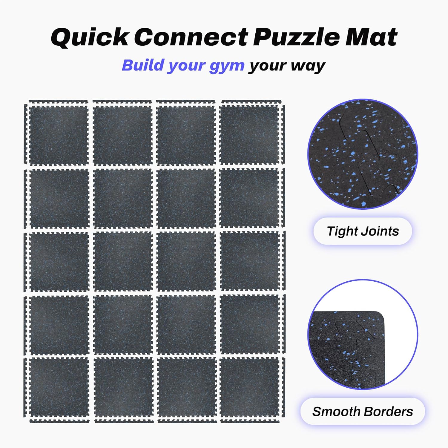 AIRHOP 0.56in Thick 96 Sq Ft Exercise Equipment Mats, 24Tiles Upgraded Rubber Top with High Density EVA Foam, Large Interlocking Puzzle Gym Flooring for Home Gym, Heavy Weight Workout, Black & Blue
