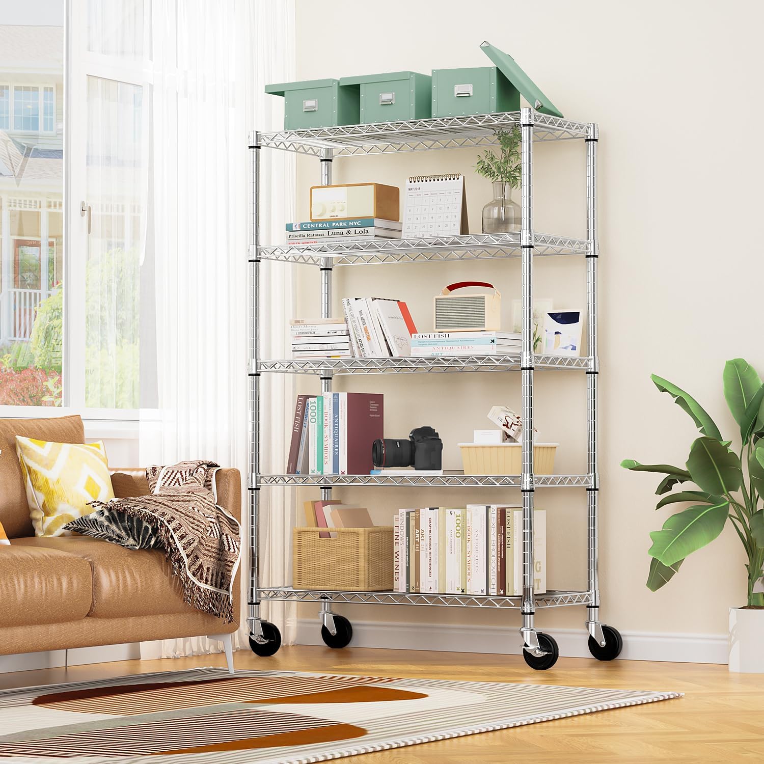 5-Shelf Storage Shelves,Wire Shelving Heavy Duty Metal Storage Shelving Unit Adjustable Garage Shelving Rack Pantry Kitchen (Chrome, 5 Tier,17.7" D x 47.2" W x 76.7" H)