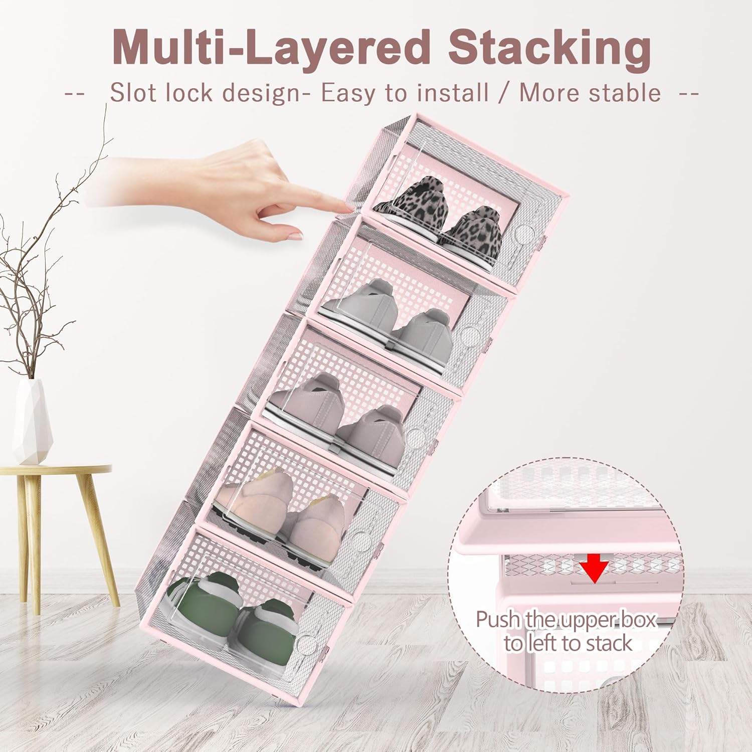 Kuject Shoe Organizers Storage Boxes for Closet, 12 Pack Clear Plastic Stackable Storage Bins with Lids, Under Bed Shoe Containers for Entryway, Drop Front, Fit up to Women's Size 10,Pink