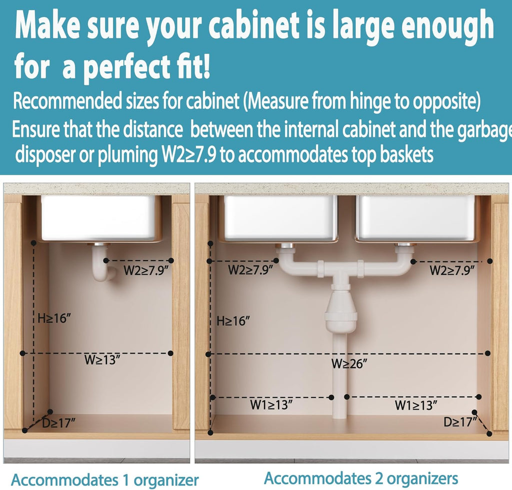 Under Sink Organizer 2 pack, 2 Tier Slide Out Under Sink Organizers And Storage, Height Adjustable Pull Out Cabinet Drawers, Kithcen Bathroom Metal Storage Caddy Shelf, White