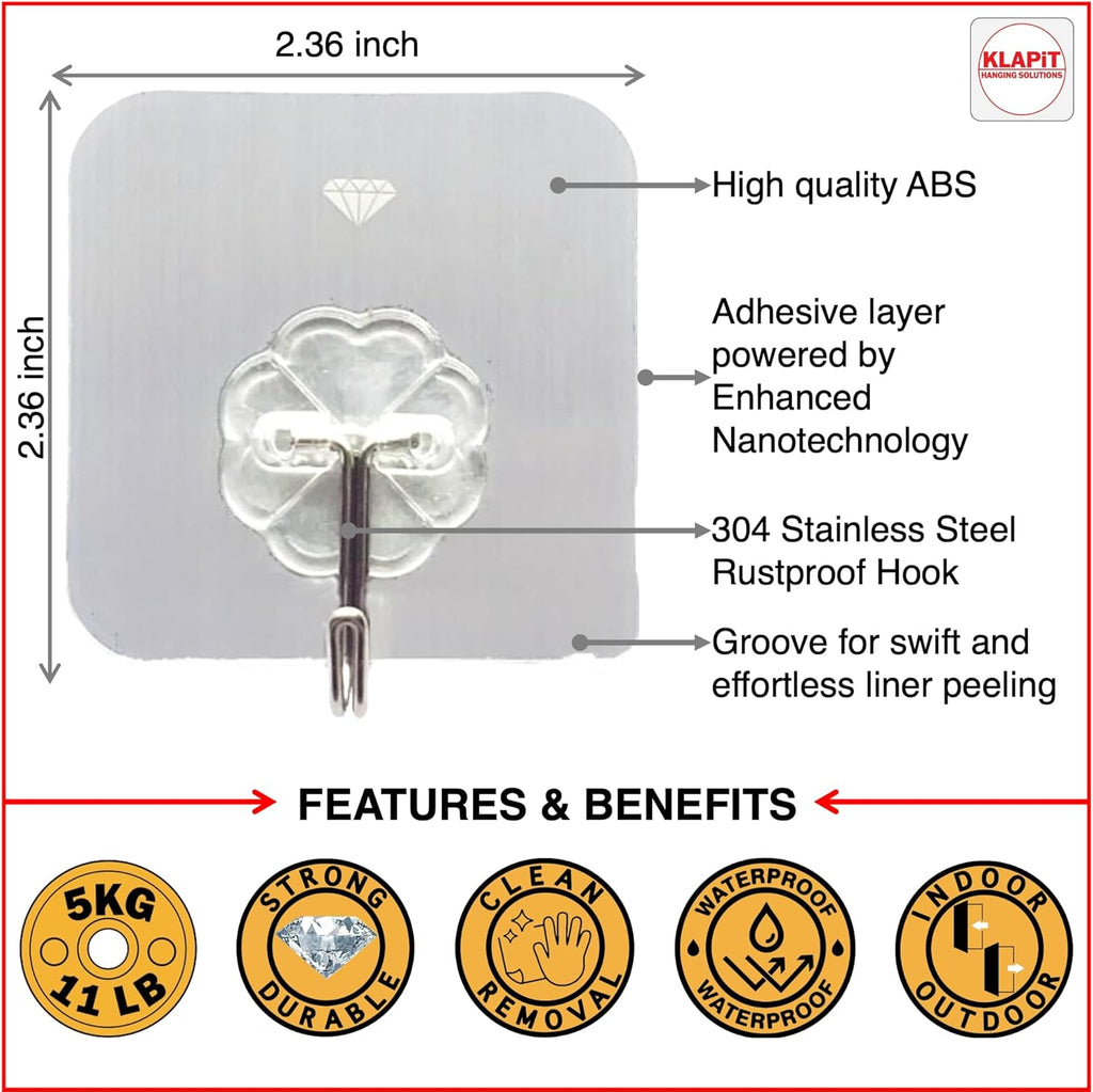 KLAPiT Super Hook - Heavy-Duty Adhesive Clear Wall Hooks, Holds Up to 11 lbs, Waterproof, No Damage, Easy Install on Tile, Wood, Stone, Glass & Metal - Made of Steel (Clear, 16pc)