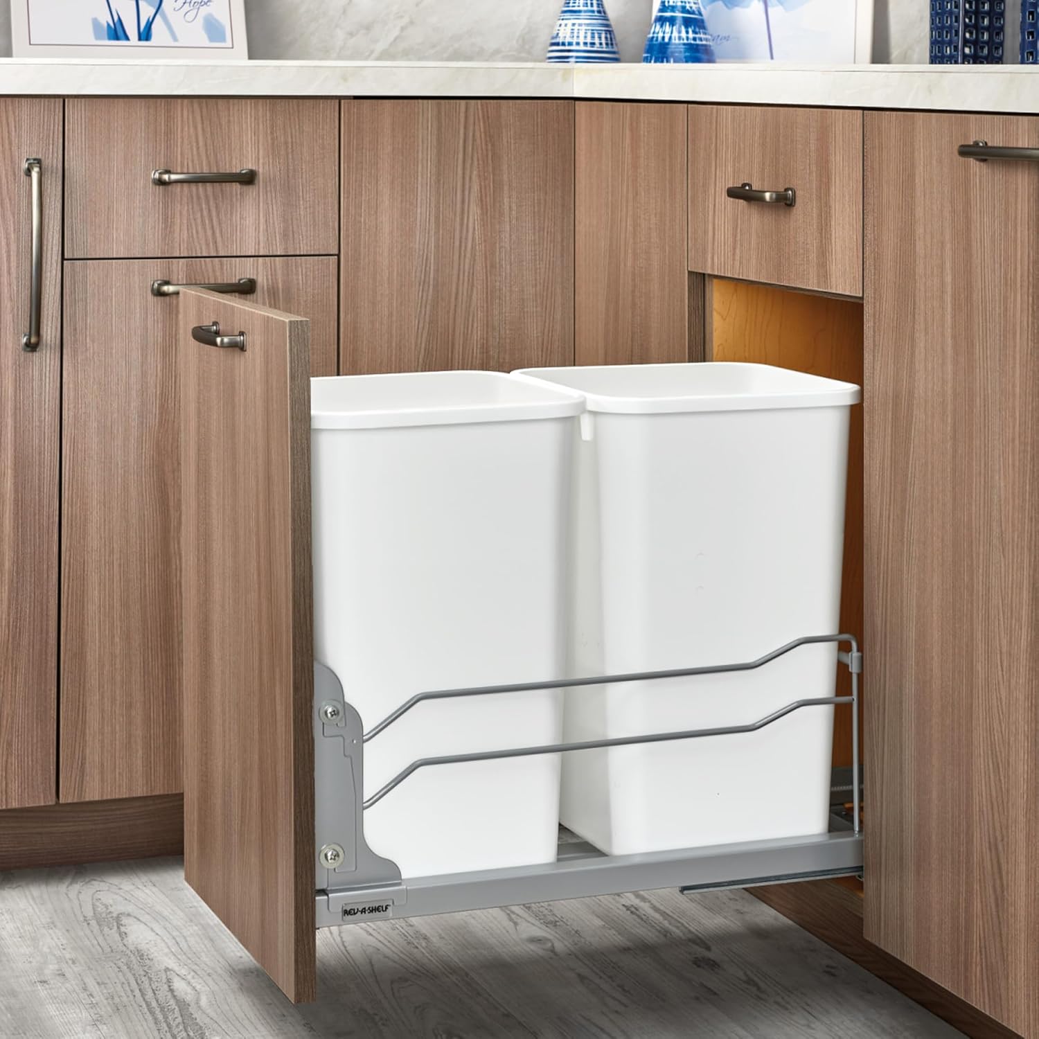Rev-A-Shelf Double Pullout Trash Can for Base Kitchen Cabinets 27 Quart 12.5 Gallon with Soft-Close Slides, Metallic Silver, 53WC-1527SCDM-217