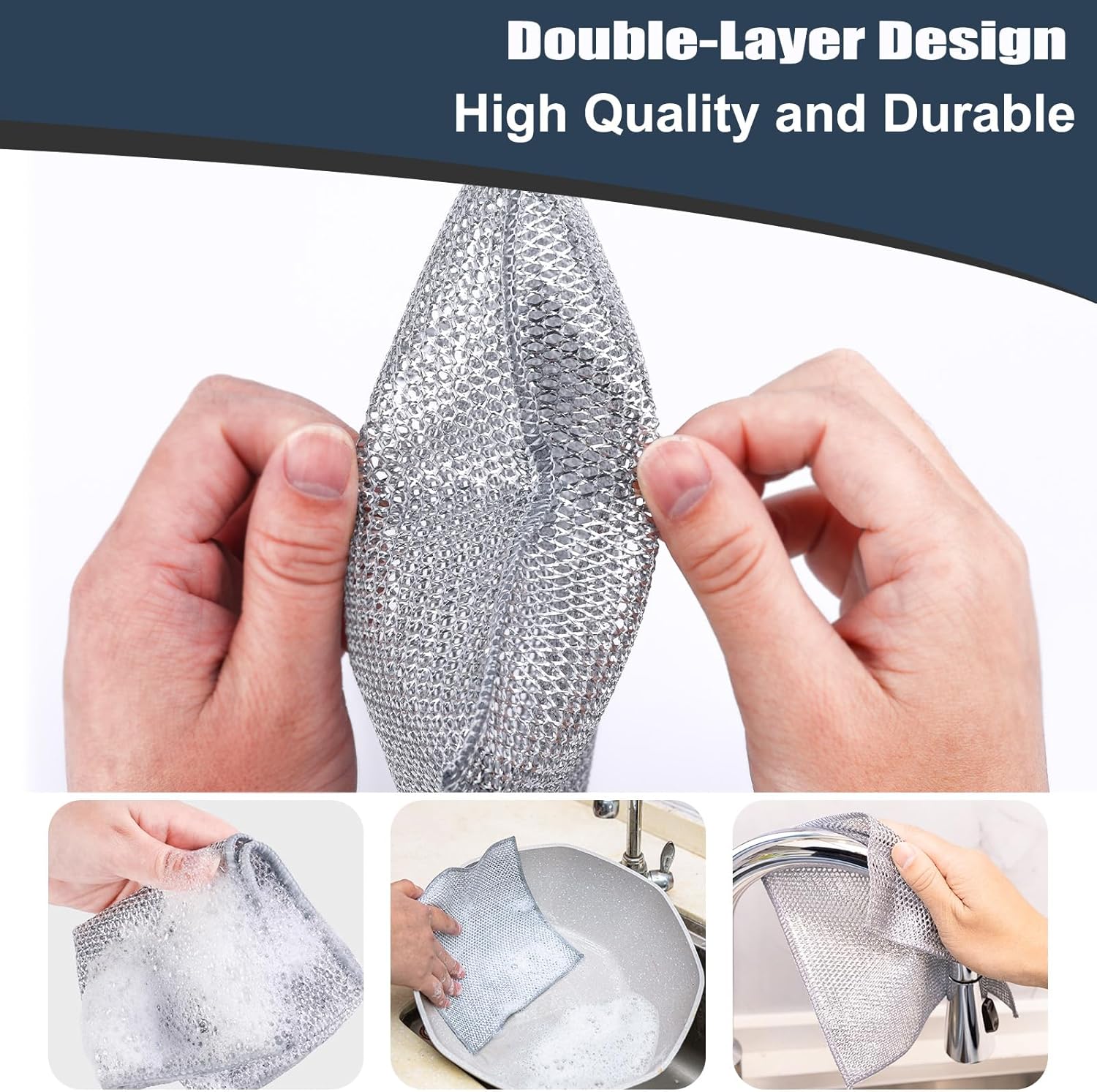 Navona 18 Pcs New Upgrade Steel Wire Dishcloth,Double-Layer Steel Wire Cleaning Cloth,Powerful Cleaning Non-Scratch Wire Dishcloth Rag for Cookware, Sinks, Dishes, Stove Tops, Small