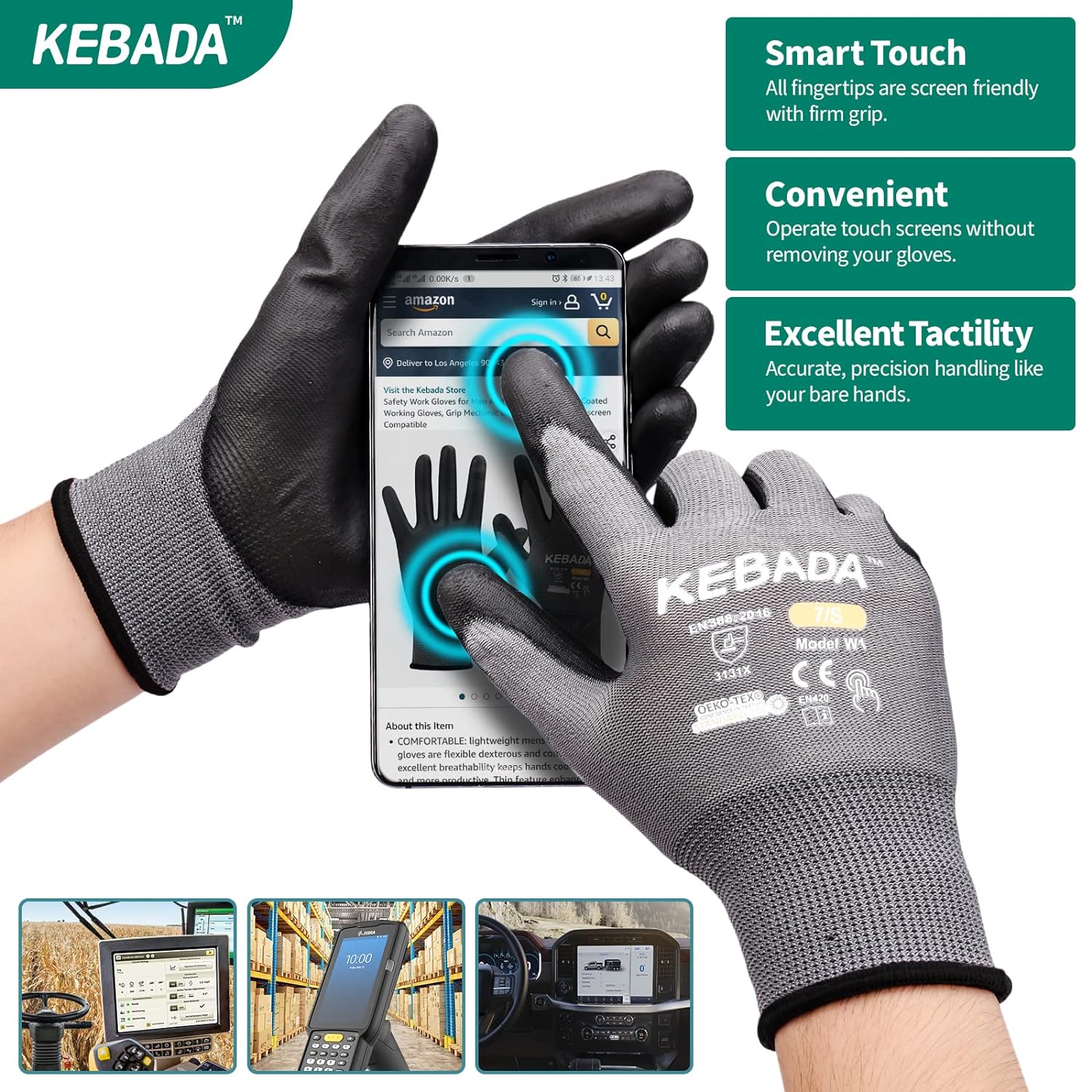 Kebada Safety Work Gloves,120 Pairs Bulk Pack, Touchscreen, PU Coated, Ideal for Warehouse, Construction, Gardening and Mechanics, Grey, Medium