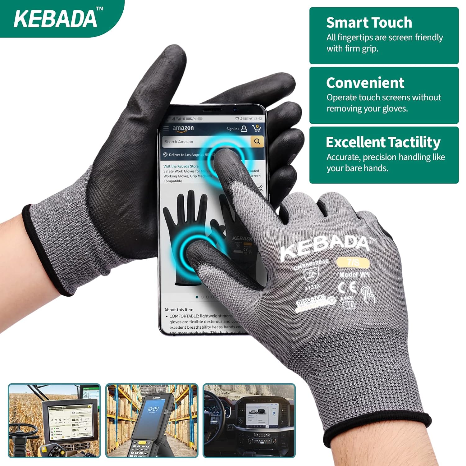 Kebada Safety Work Gloves,120 Pairs Bulk Pack, Touchscreen, PU Coated, Ideal for Warehouse, Construction, Gardening and Mechanics, Grey, Small