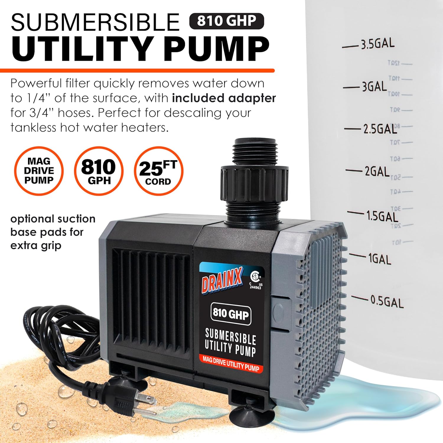 DrainX Tankless Water Heater Flushing Kit with Pump, Hoses, Descaling Powder and Measuring Bucket, All in One Complete Maintenance Solution