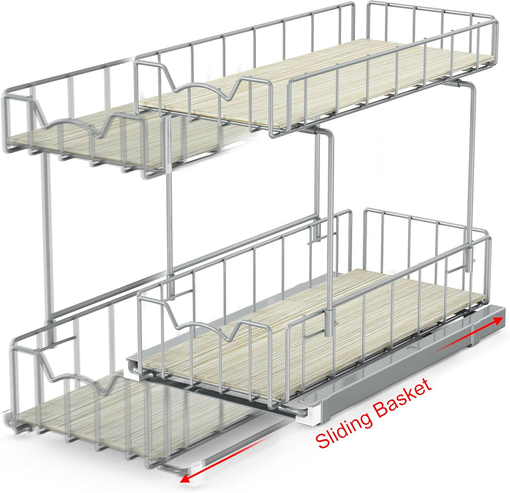 Simple Houseware 2-Tier Spice Rack Slide Out Wire Basket Drawer Organizer, Silver
