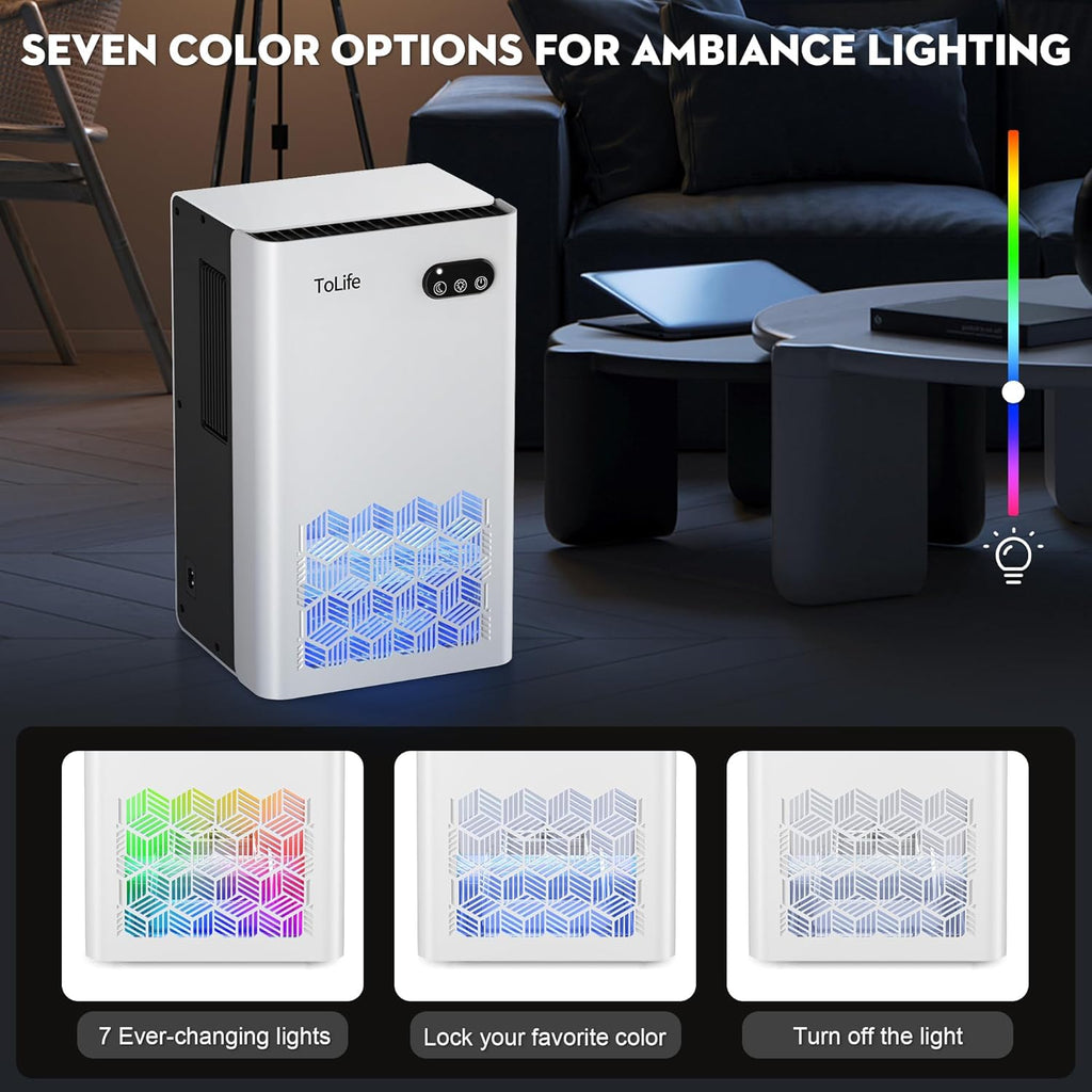 ToLife Dehumidifier for Home, 1000 sq.ft Dehumidifiers for Basement Bedroom Bathroom with 95 OZ Water Tank, Auto Shut Off 7 Colors LED Light, White Black