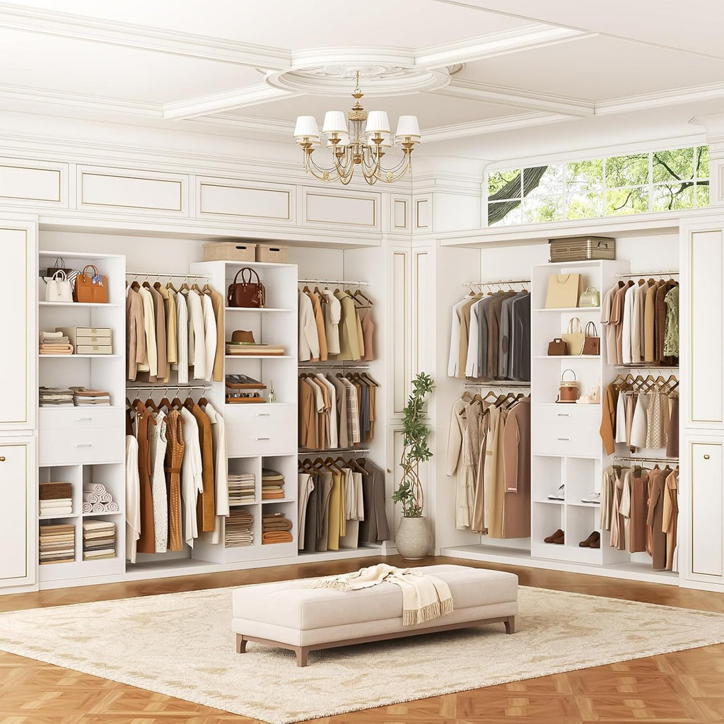 Closet System, 4-8 FT Closet Organizer Tower with 2 Wooden Drawers and Shelves, Can Fit 60 to 96 inch Walk-in Closet System with 5 Hanging Rods, Built-in, White