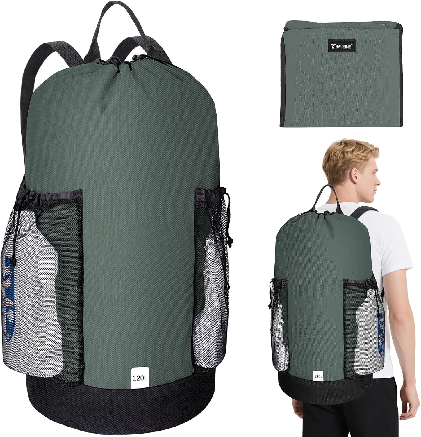 BALEINE 120L Laundry Bag Backpack, 900D Oxford Fabric Large Travel Laundry Bags with Shoulder Straps and 2 Mesh Pockets for College Dorm, Apartment, Laundromat (Dark Grey, 120L)