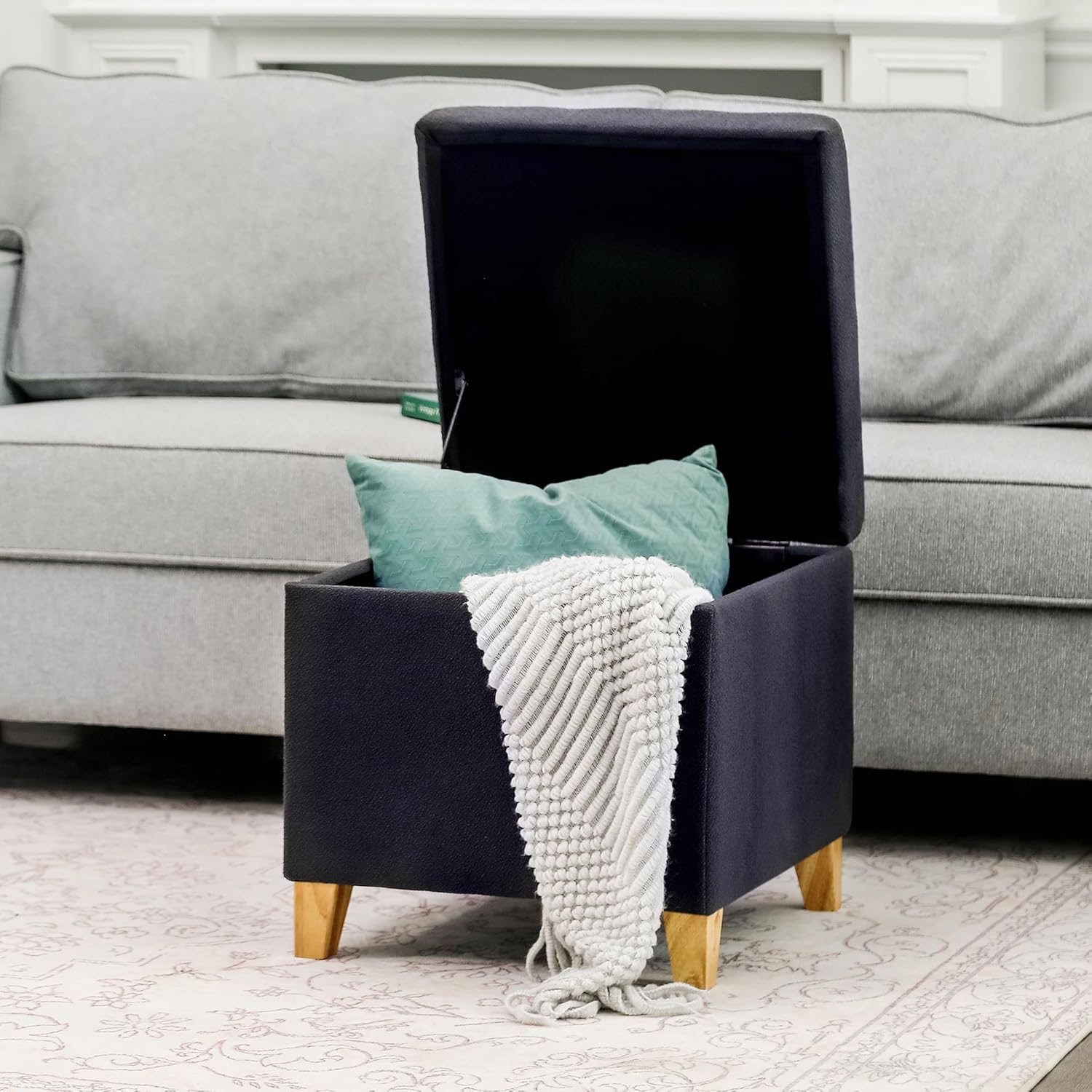 Adeco Fabric Storage Ottoman Bench with Solid Wood Legs, 17.7" Square Dark Grey Cotton Linen Cube Foot Stool, Upholstered Button Tufted Vanity Chair with Hinged Lid for Living Room, Bedroom, Dorm