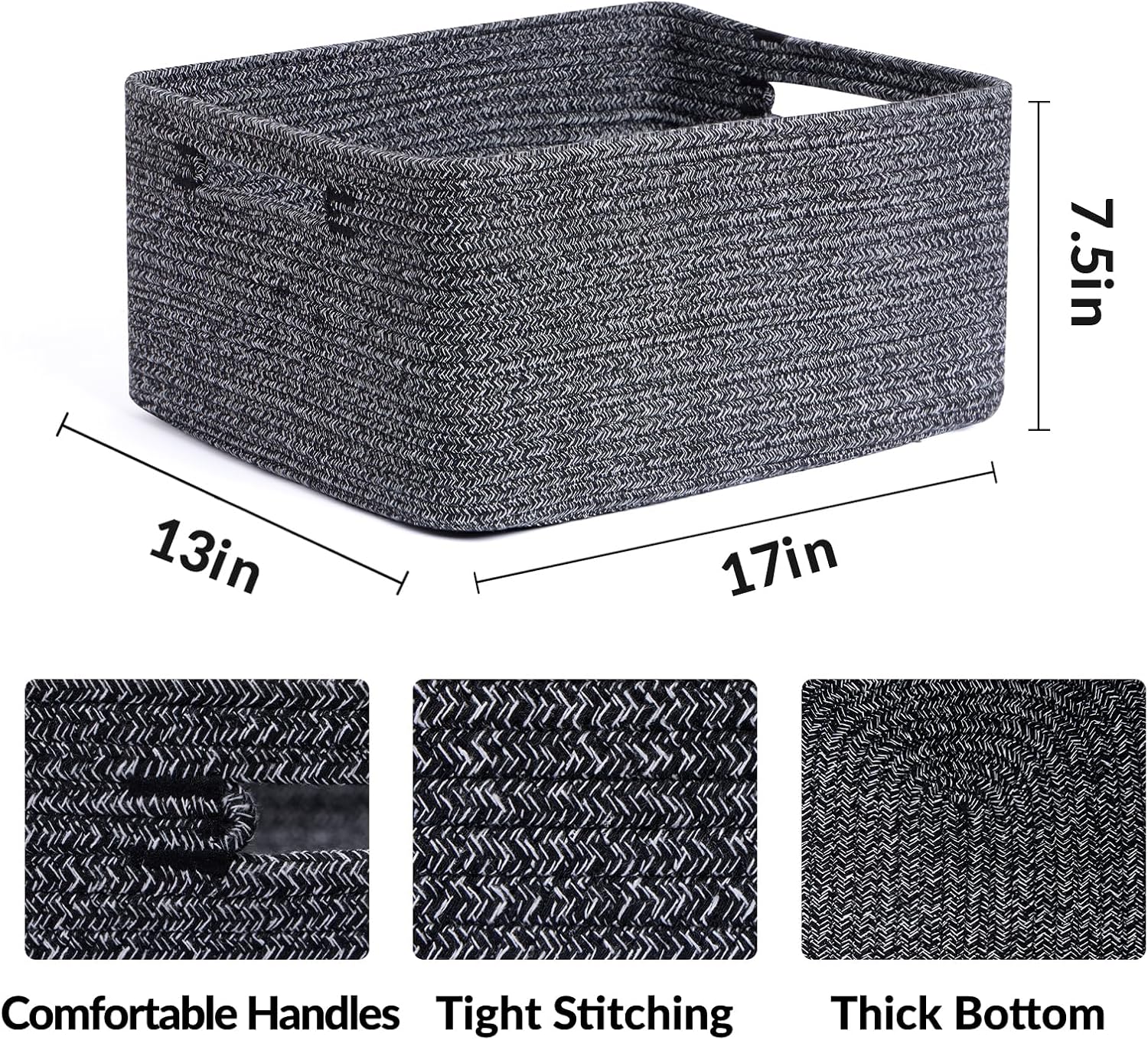 Large Storage Baskets for Shelves, Closet Organizers Bins for Clothes Blanket Towels, Baby Nursery, Toy Baskets Box, Woven Rope Baskets, 17 x 13 x 7.5”, 2 Packs Dark Gray