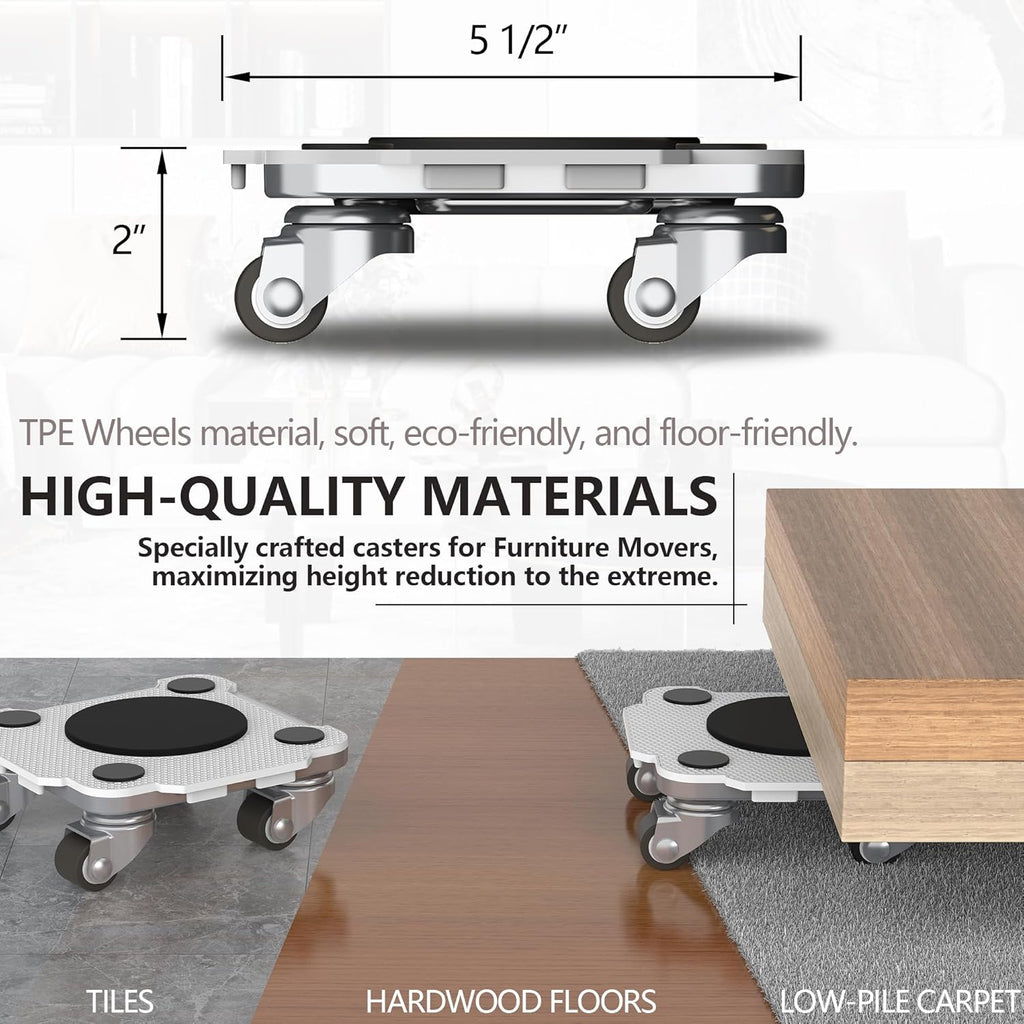 ONEON Furniture Mover Pro - 4Pack Enhanced Dollies with Custom TPE Wheels - Effortless Heavy Furniture Transport (Light Gray: 4 Dollies Only)