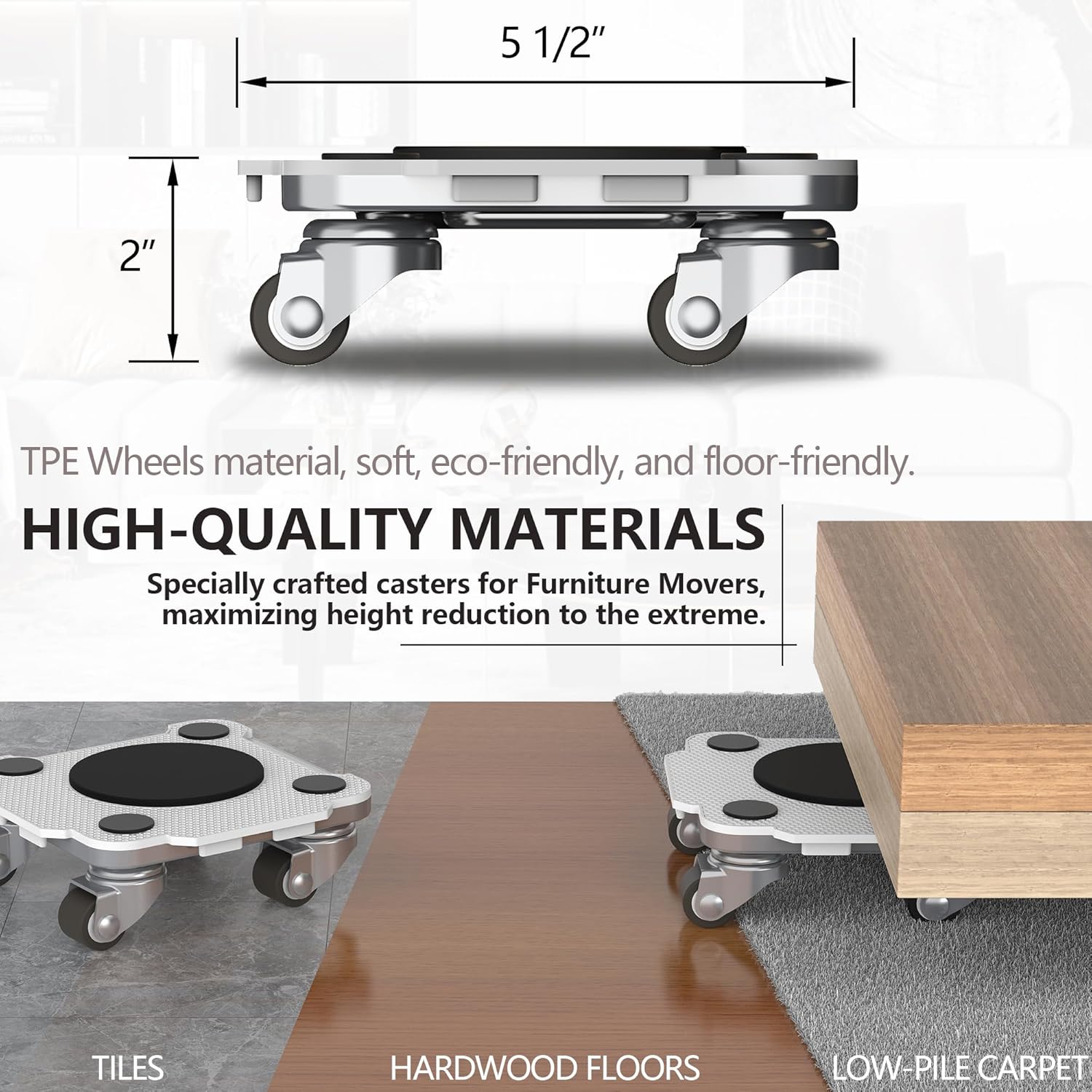 ONEON Furniture Mover Pro - 4Pack Enhanced Dollies with Custom TPE Wheels - Effortless Heavy Furniture Transport (Light Gray: 4 Dollies Only)