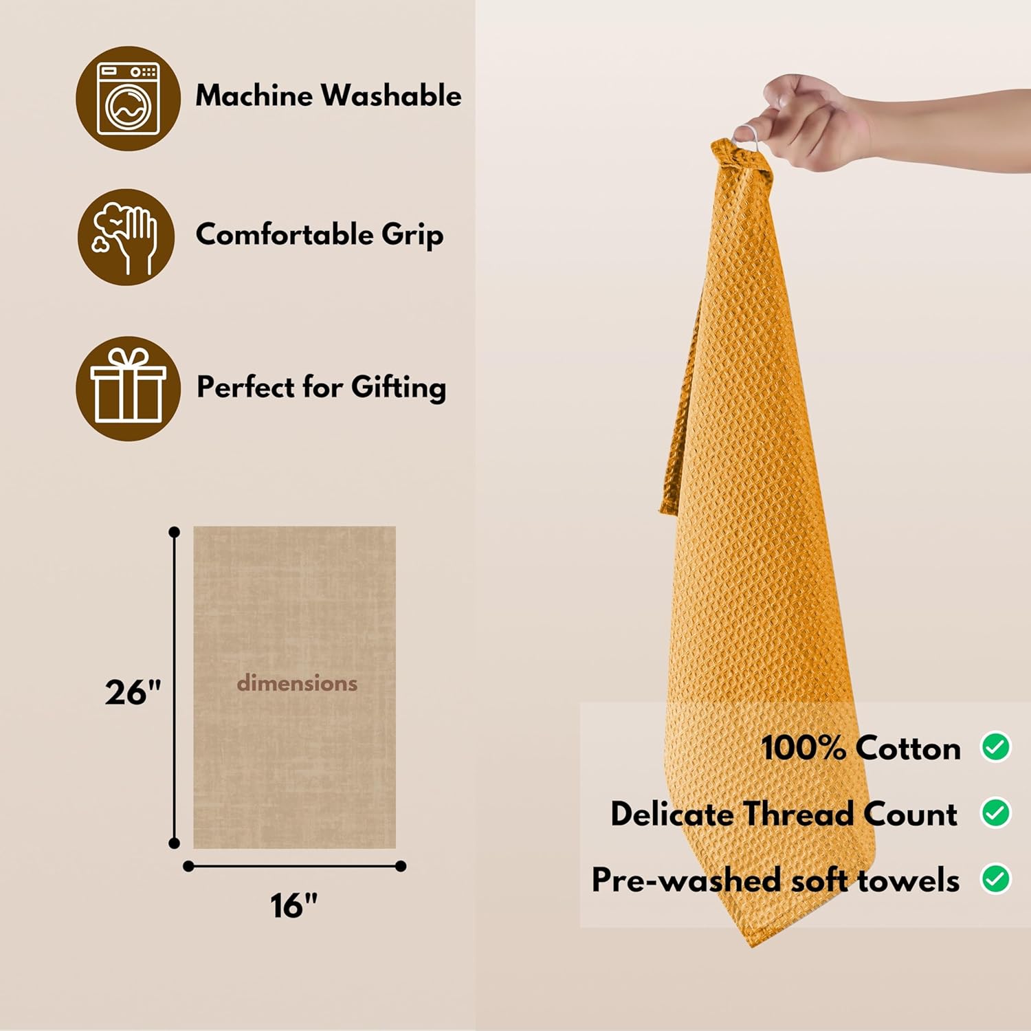 Native Fab Cotton Kitchen Towel with Hanging Loop 16x26 inches, 6-Pack, Waffle Weave Kitchen Towels for Cleaning Drying, Washcloths Soft & Absorbent Cloth Rags, Bar Towel, Dish Cloth, Mustard Yellow