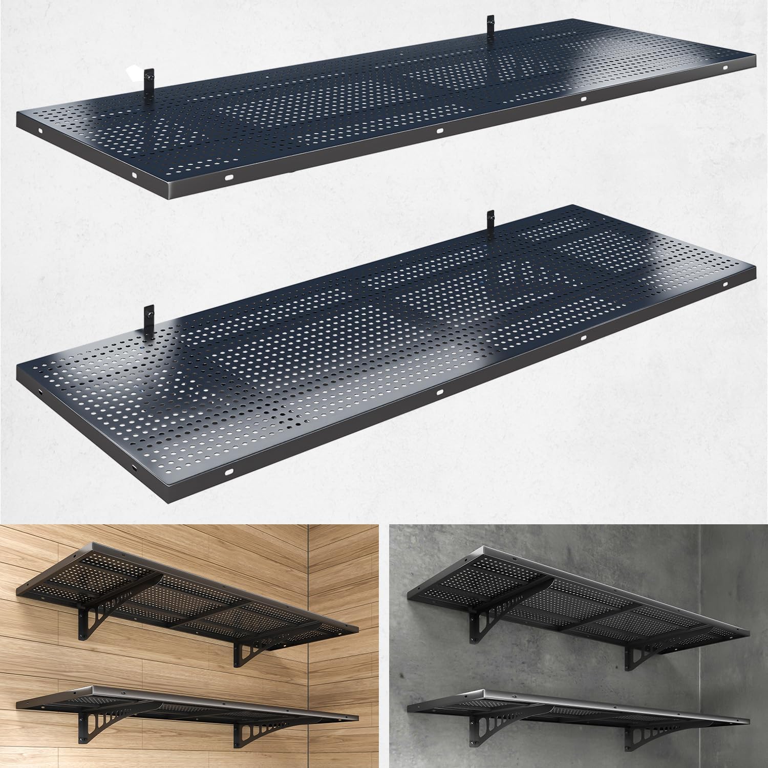 2-Pack 1.5x4ft Heavy Duty Garage Wall Shelving, 500 lbs Load Capacity, Garage Shelving Wall Mounted, Garage Storage Rack with Hooks, Black