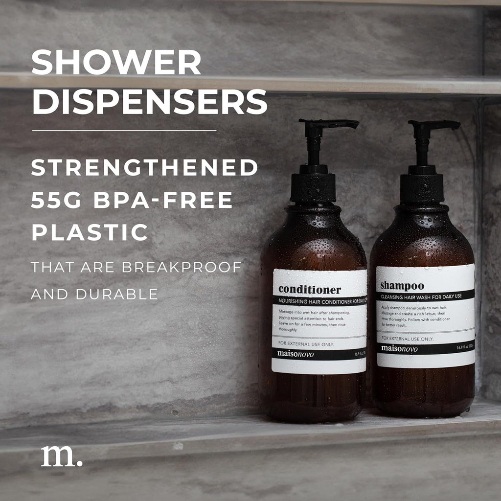 MaisoNovo Refillable Shampoo and Conditioner Bottles | 16.9 fl oz Set of 3 Amber Plastic Bottles Black Pumps