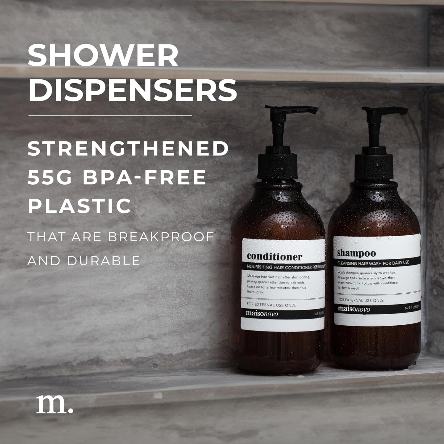 MaisoNovo Refillable Shampoo and Conditioner Bottles | 16.9 fl oz Set of 3 Amber Plastic Bottles Black Pumps