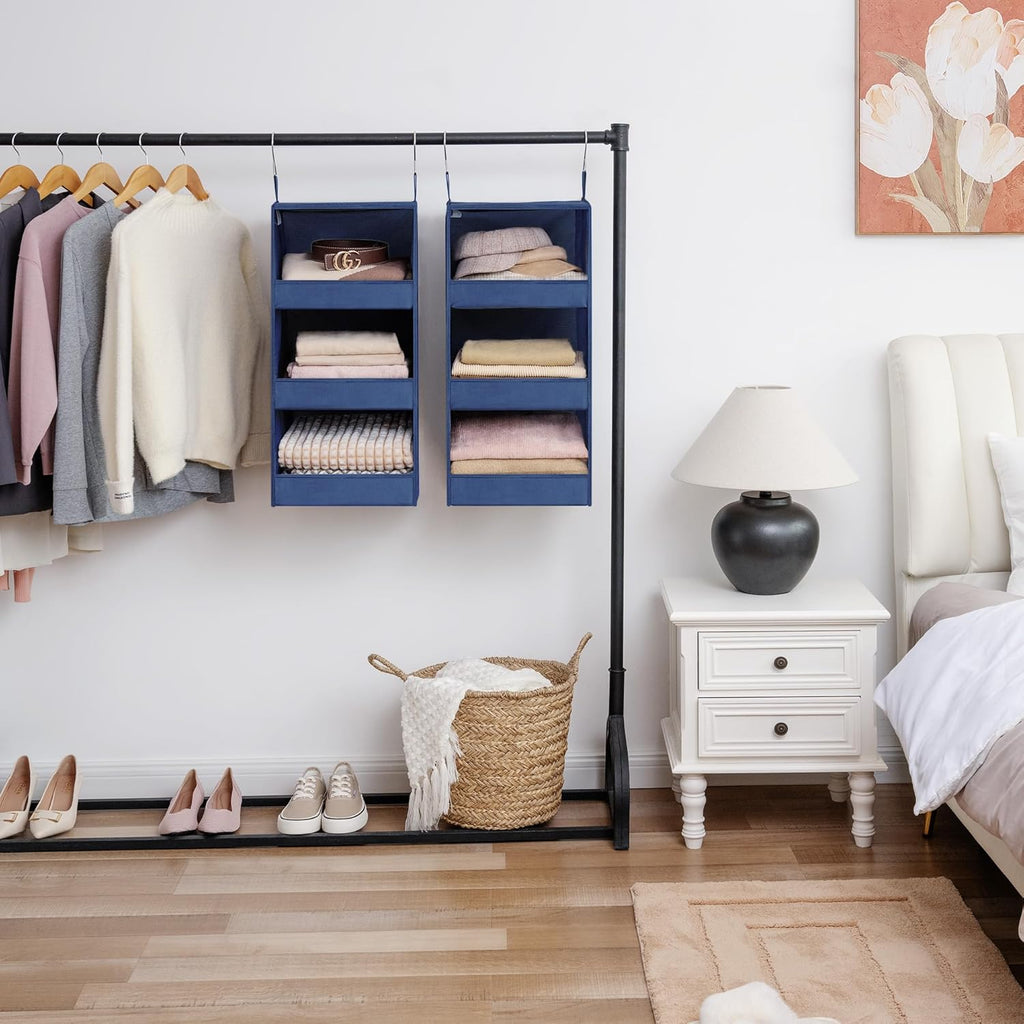 GRANNY SAYS 3-Shelf Closet Organizers and Storage, Foldable Hanging Closet Organizer, Closet Hanging Shelves with 2 Metal Hooks, Leak-Proof Hanging Organizer for Closet, Navy, 2-Pack