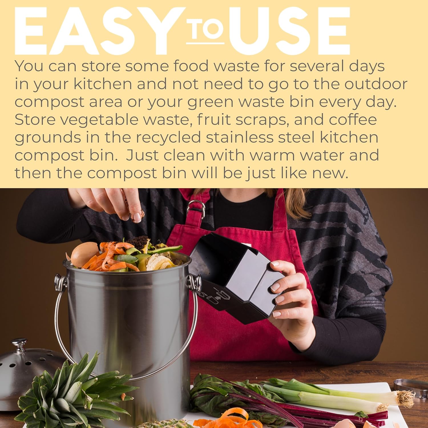 EPICA Countertop Compost Bin Kitchen | 1.3 Gallon | Odorless Composting Bin with Carbon Filters | Indoor Compost Bin with Lid | Stainless Steel Kitchen Composter for Food Scraps & Waste Recycling