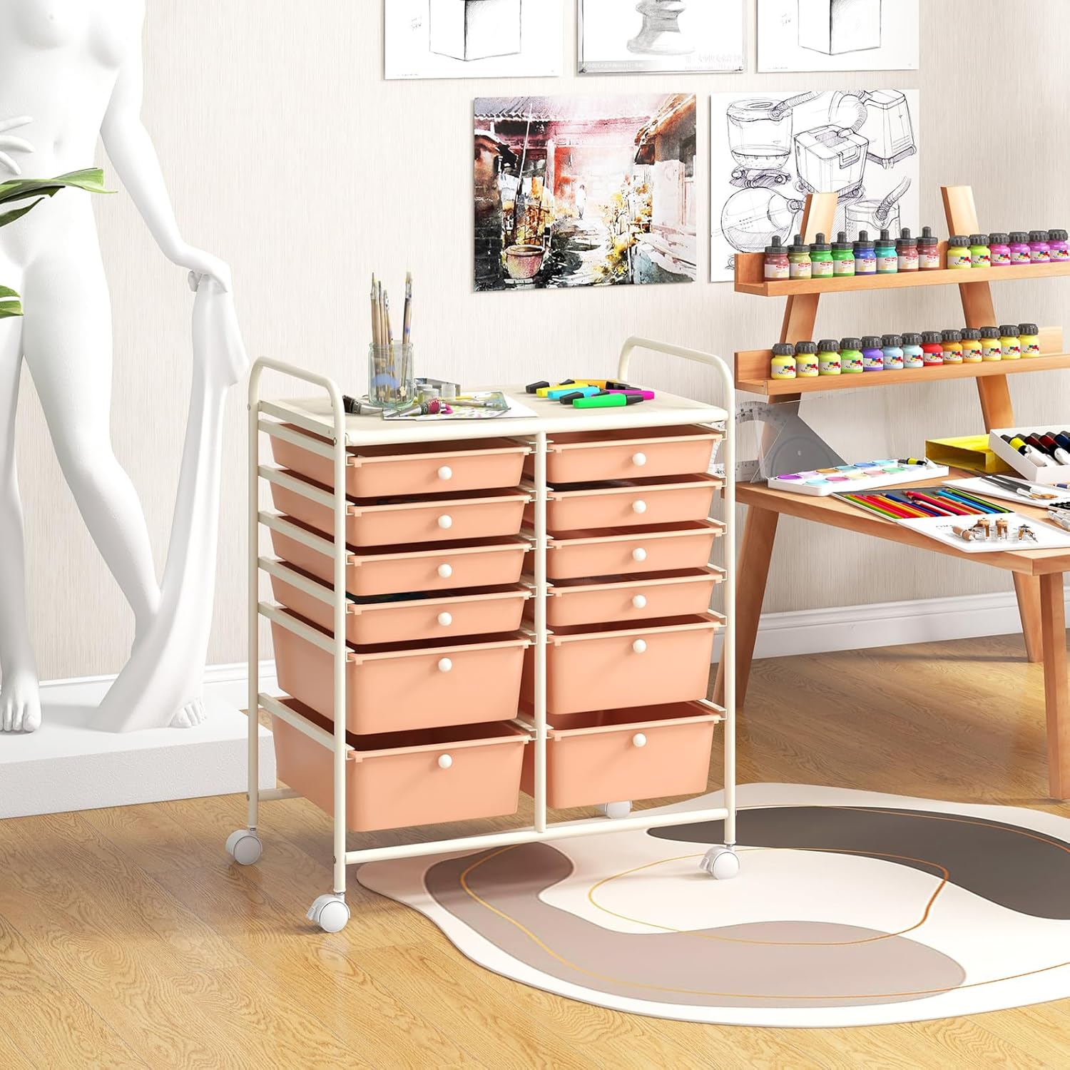 GOFLAME 12-Drawer Rolling Storage Cart, Multipurpose Organizer Cart with 2 Sizes Plastic Drawers, Mobile Utility Cart with Lockable Casters for School, Home Office, Beauty Salon, Peach Fuzz