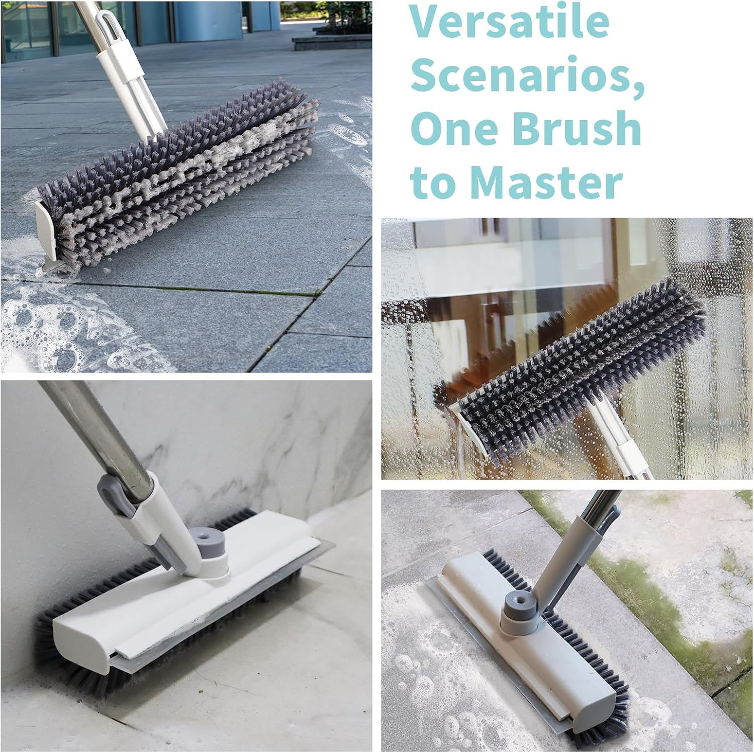 Floor Scrub Brush with Long Handle, 3 in 1 Scrape and Heavy-Duty Stiff Bristle Scrubber Brush for Cleaning Shower Bathroom, Patio, Garage, Kitchen, Wall and Deck (White, 1 Pack)