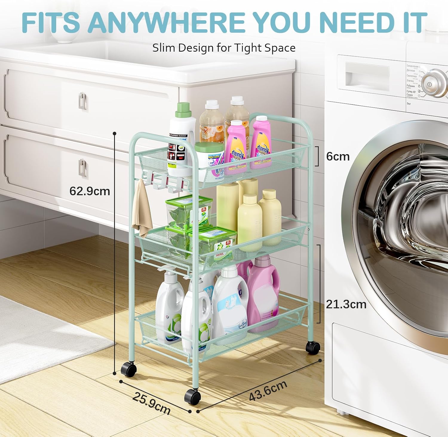 TOOLF 3-Tier Metal Rolling Cart, Mesh Wire Easy Assemble Utility Cart, Storage Trolley on Wheels with 3 Hooks, MetalStorage Shelving Units for Kitchen Bathroom Laundry Room