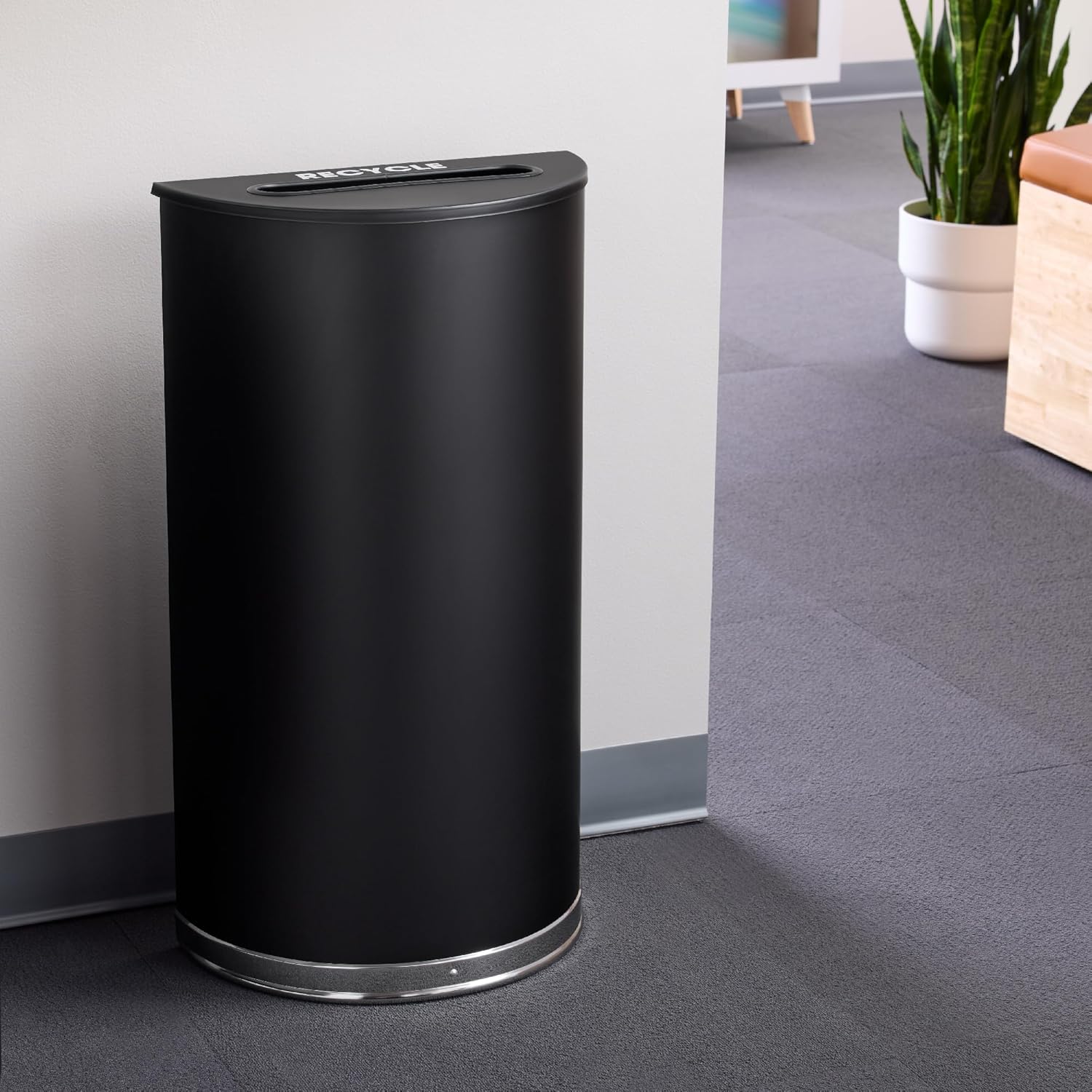 Safco Trash Can, 15 Gallon Garbage Bin with Dual Trash and Recycling Lids, Half Round, Black