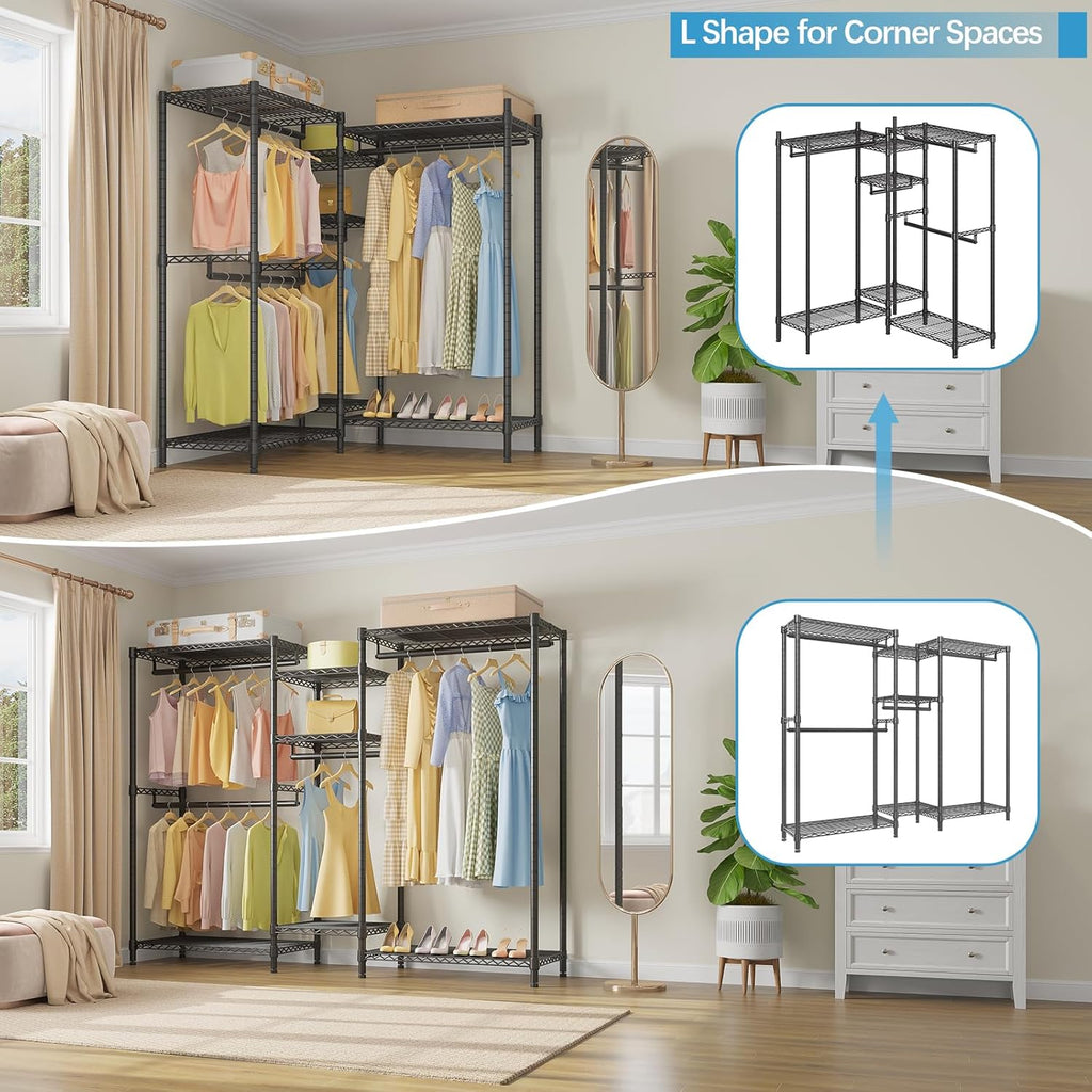 VIPEK Classic V6 Wire Garment Rack Heavy Duty Clothes Racks with Shelves, Freestanding Portable Wardrobe Closet Rack for Hanging Clothes Closet System 68.9" L x 15.7" W x 76.4" H, Load 850LBS, Black