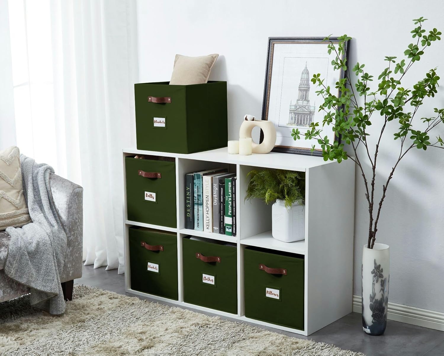 DECOMOMO Storage Baskets, 13x15x13 Storage Cube Bins with Labels for Organizing Shelves Kallax (Kallax / 4pcs, Olive Green)