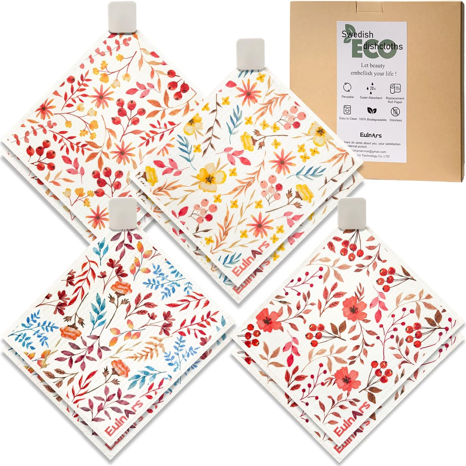 Swedish Dishcloths for Kitchen, 8 Pack Watercolor Reusable Paper Towels with Clips, Non-Scratch Swedish Kitchen Towels, Super Absorbent Cellulose Sponge Cloths, Dishwasher Safe, No Odor