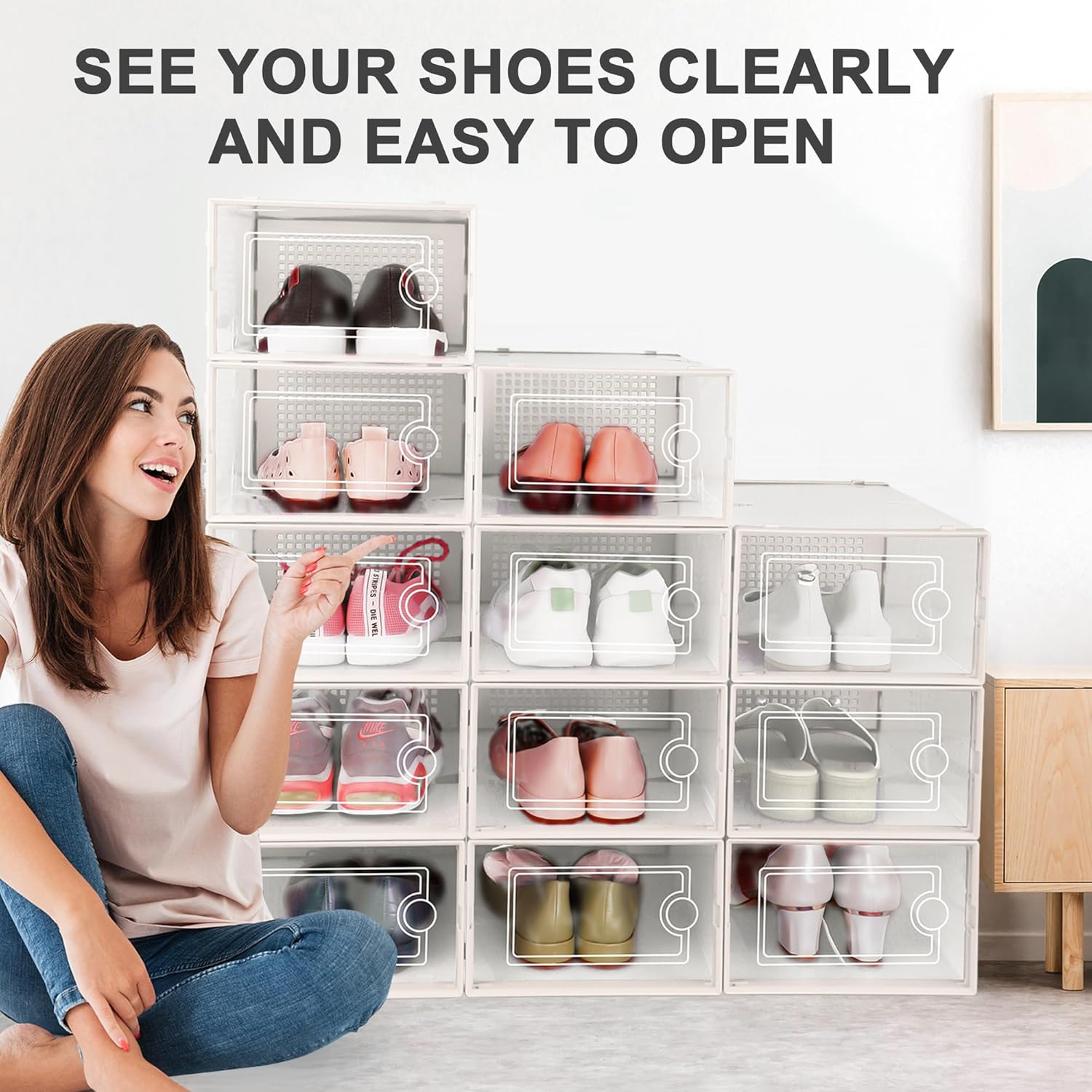 Kuject Large Shoe Organizers Storage Boxes for Closet, 12 Pack Clear Plastic Stackable Storage Bins with Lids, Under Bed Shoe Containers for Entryway, Fit up to Women's Size 10,Black,Off-white