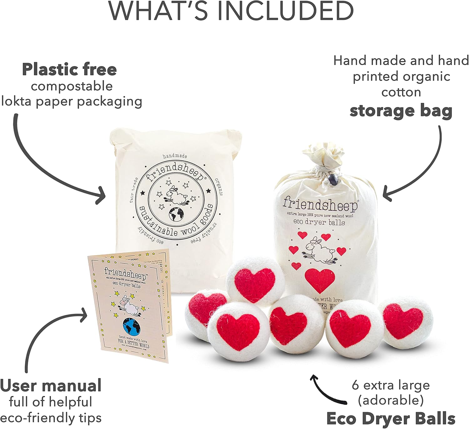 Friendsheep Wool Dryer Balls Red Heart 6 Pack XL Organic Premium Reusable Cruelty Free Handmade Fair Trade No Lint Fabric Softener - One Love