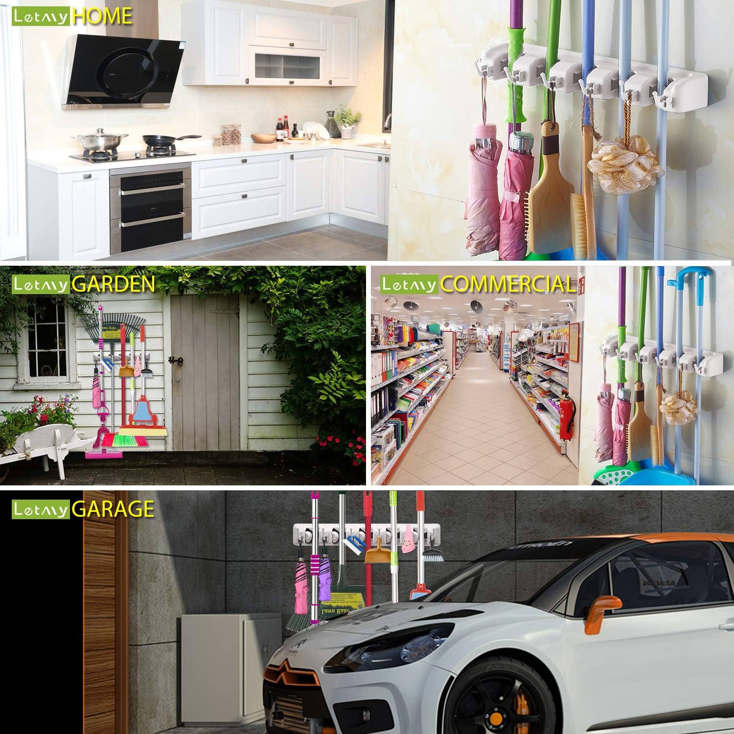 LETMY Broom Holder Wall Mount - Mop and Broom Hanger Holder - Garage Storage Rack & Garden Tool Organizer - 5 Position 6 Hooks Broom Rack for Home, kitchen, Garden, Tools, Garage Organization - White