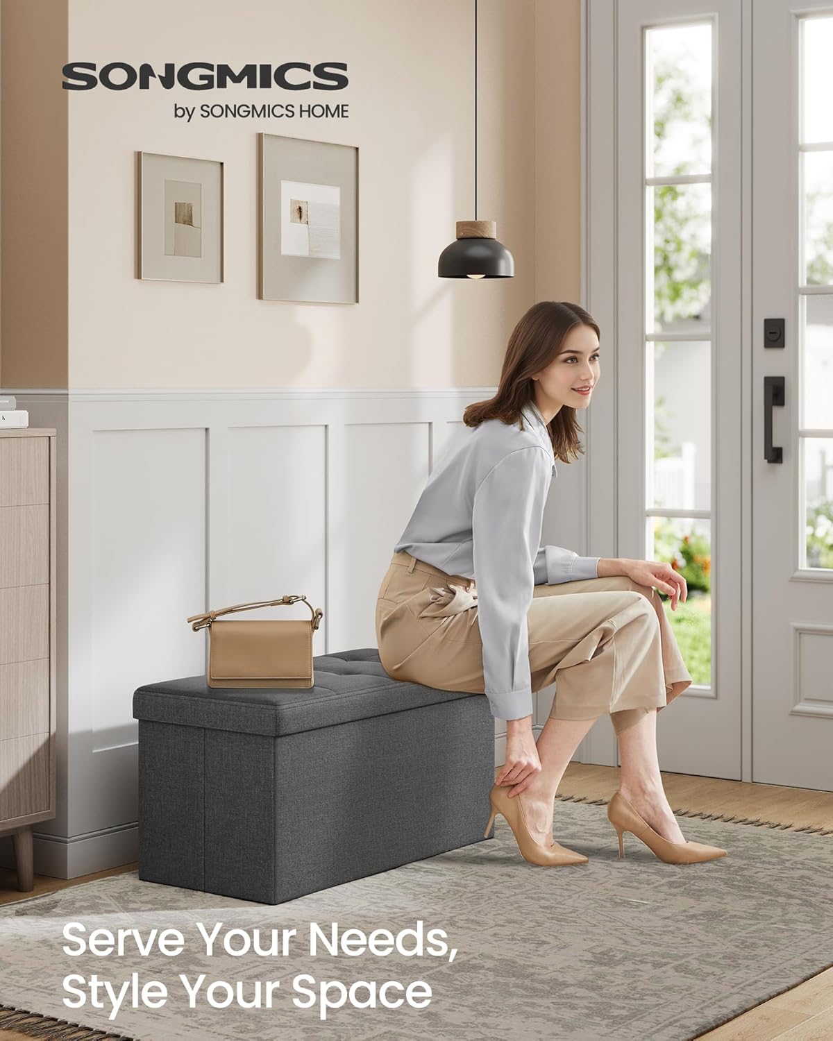 SONGMICS MAZIE Collection - 30 Inches Folding Storage Ottoman Bench, Ottoman Foot Rest, End of Bed Bench, Storage Chest, Load 660 lb, for Living Room, Bedroom, Entryway, Dark Gray ULSF47K