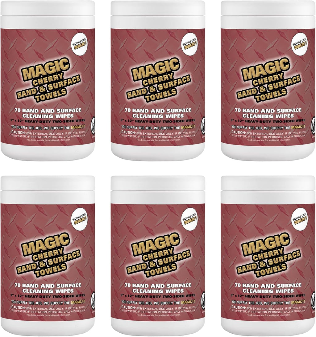 Magic Cherry Scented Heavy Duty Cleaning Wipes - Dual Sided Hand & Surface Shop Towels | Professional-grade Cleaning | Waterless | Cleans Grease, Oil, Dirt, & more (6 Pack | 420 Sheets Total)