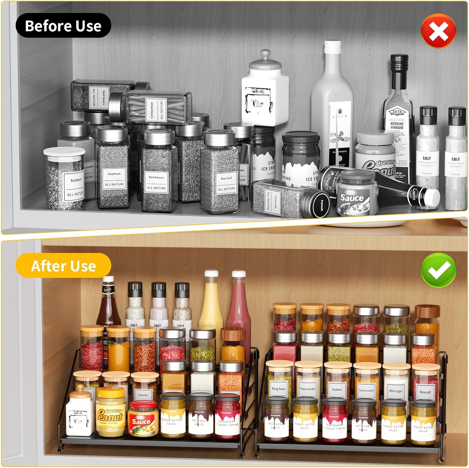 RCHYFEED Spice Rack Organizer for Cabinet Pantry,4 Tier Spice Rack Countertop,Tierd Spice Organization Easy Visibility, Depth Adjustable Seasoning Organizer for Cabinet (Black, 2Pack)