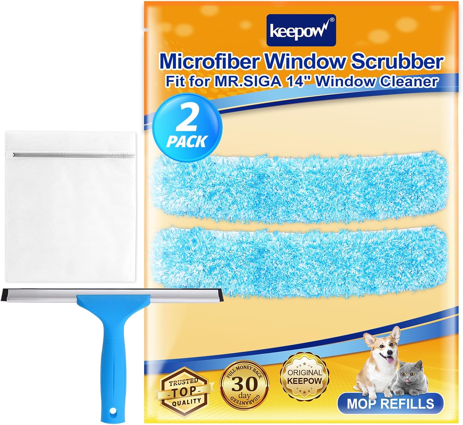 KEEPOW 14" Microfiber Window Scrubber Refill Replacement Compatible with MR.SIGA, Compatible with Ettore Professional Window Cleaning, Reusable & Washable Window Squeegee for Home (2 Pack)