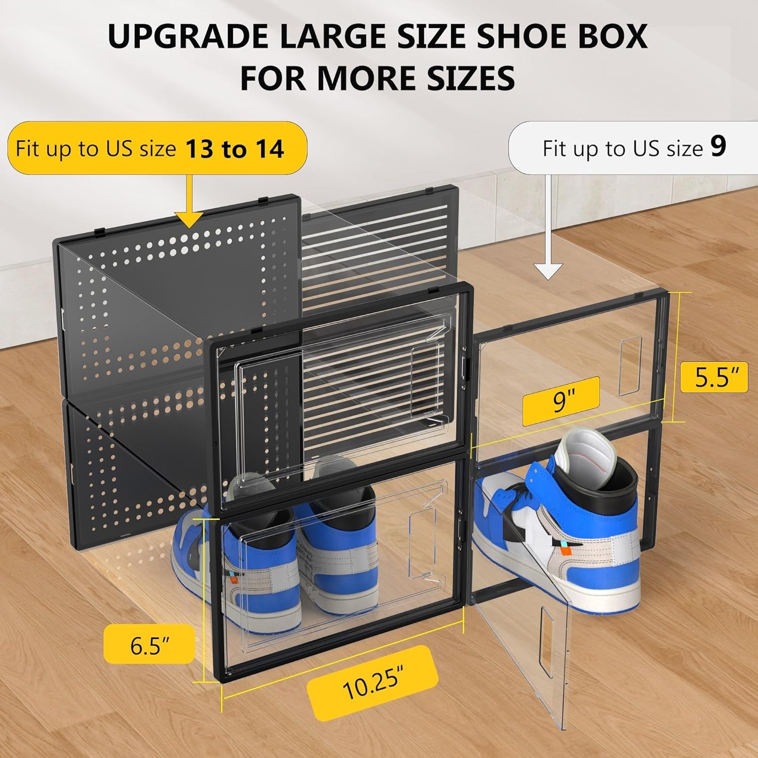 Secret Space 12 Pack XXX Large Shoe Organizer Storage Boxes for Closet, Modular Space Saving Shoe Boxes Clear Plastic Stackable Sneaker Containers Display Case with Lids, Black05