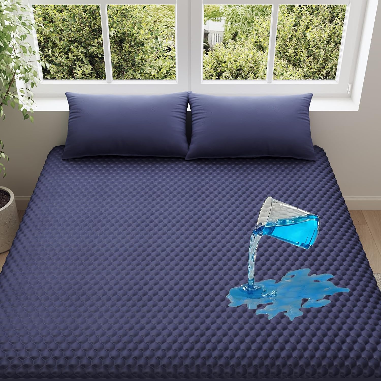 OhGeni 100% Waterproof Mattress Protector, Queen Size Mattress Pad, Fits 6"-20" Mattresses with Deep Pocket, Cooling, Breathable Fitted Sheets, Soft Bed Cover, Noiseless, Machine Washable(Navy Blue)