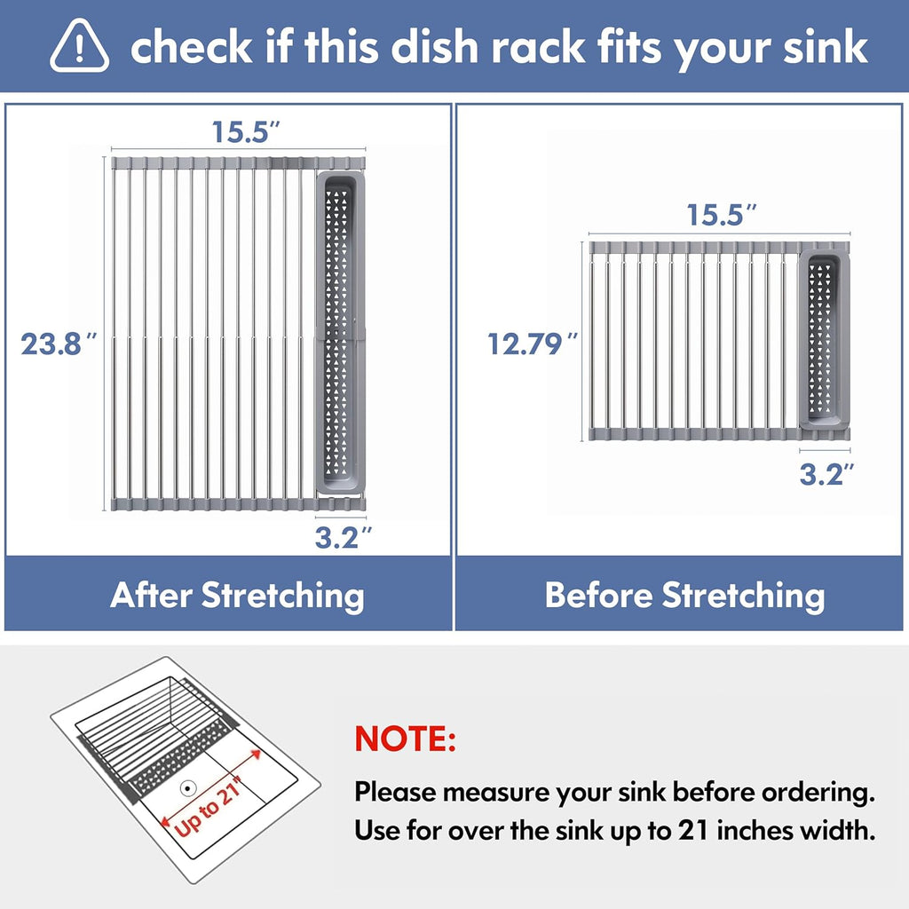 JASIWAY Over The Sink Dish Drying Rack for Kitchen, Expandable (12.8"-23.8" D x 15.5" W) Roll Up Dish Drainer with The Function of Fordable, Rust Proof, Large Sink Cover with Removable Utensil Holder