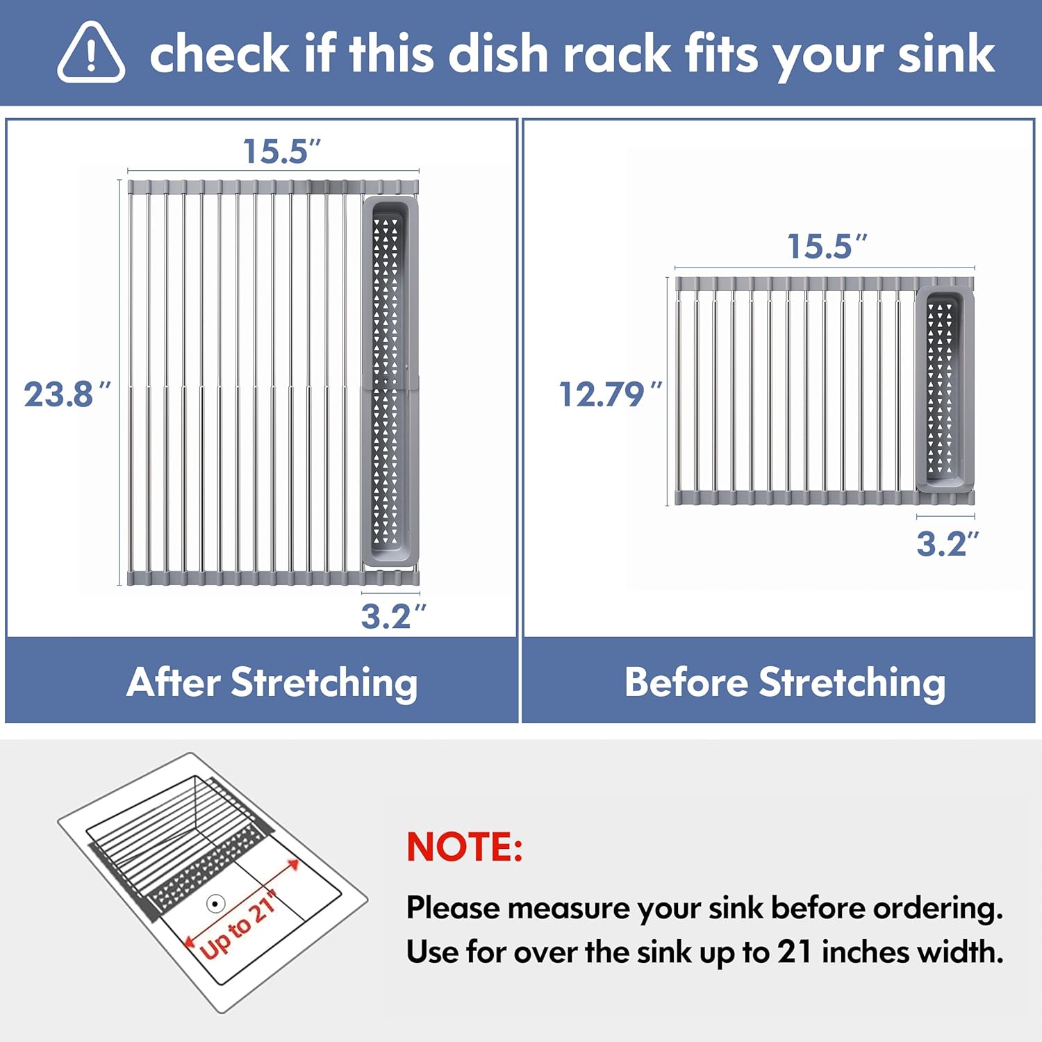 JASIWAY Over The Sink Dish Drying Rack for Kitchen, Expandable (12.8"-23.8" D x 15.5" W) Roll Up Dish Drainer with The Function of Fordable, Rust Proof, Large Sink Cover with Removable Utensil Holder