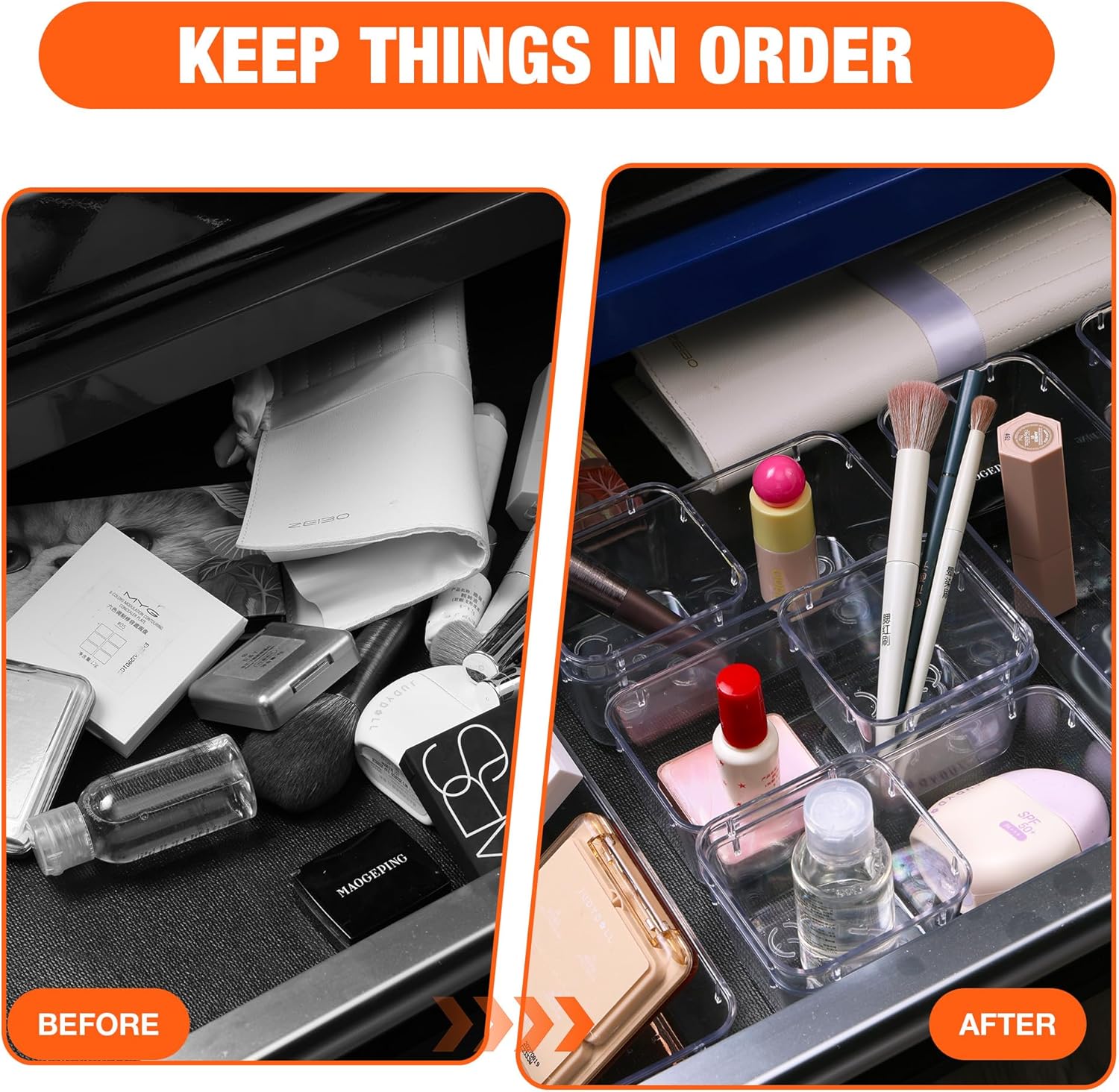 ValueMax 9 PCS Clear Plastic Drawer Organizers Set with Non-Slip Pads, 3 Sizes Desk Drawer Organizer for Vanity, Kitchen, Bathroom and Office