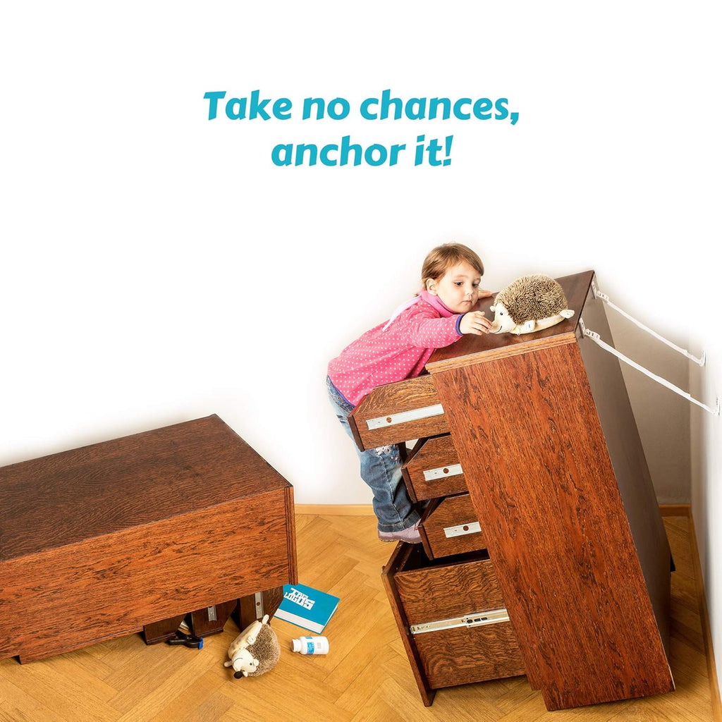 Boxiki Kids Adjustable Anti-Tip Furniture Anchors for Baby Proofing and Dresser Anchoring Kit. 8 PC Wall Anchors and Earthquake Straps. Baby Safety Kit and Home Safety Furniture Straps (White)