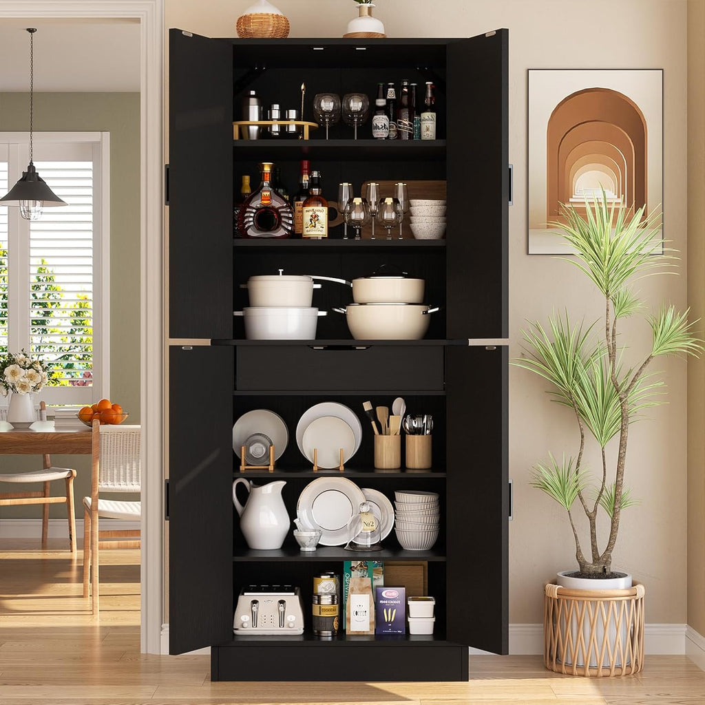 Unikito Kitchen Pantry Cabinet with Farmhouse Barn Doors and Storage Drawer, 4 Adjustable Shelves, Freestanding Tall 71" Cupboard for Kitchen, Dining Room, Living Room, Utility Room, Black