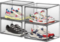 4 Pack Grey Shoe Storage Boxes Clear Plastic Stackable Shoe Display Case with Magnetic Door, Easy Assembly Fit up to US Size 13