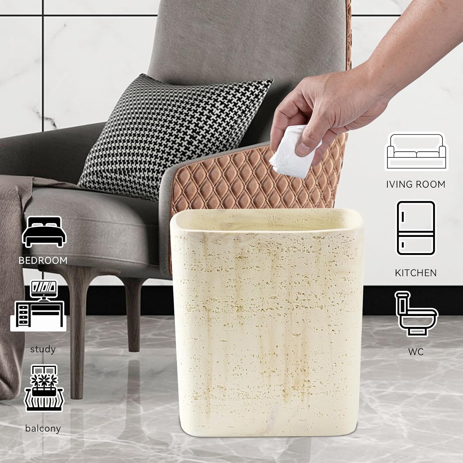 Polytree Natural Travertine Textures Bathroom Trash Can 1.8 Gallon(7 Liter) Small Kitchen Garbage Can,Living Room Bedroom Trash Can, Decor Wastebasket for Home Office (Handmade of Resin)