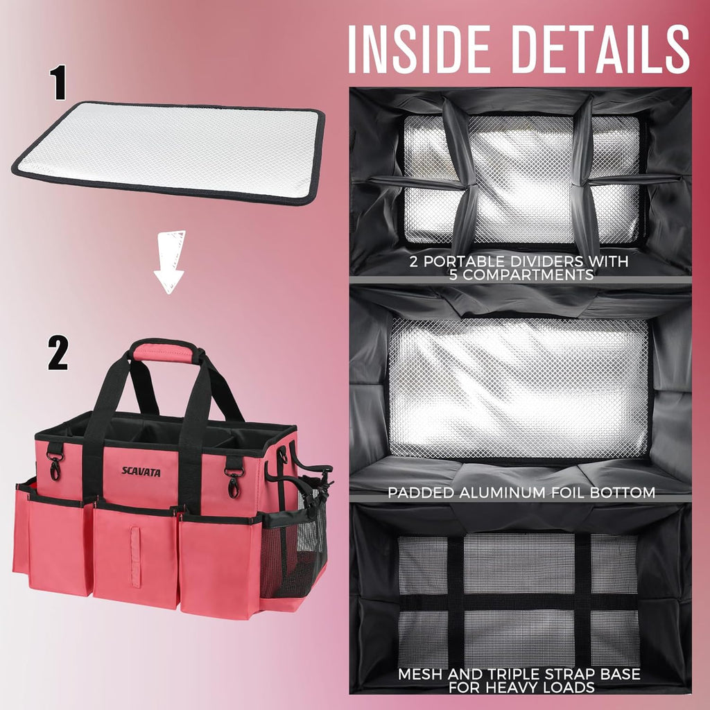 Wearable Cleaning Caddy Bag, Cleaning Caddy Supplies Organizer with Handle & Shoulder Straps for Housekeepers, Under Sink & Car Cleaning Tool Organizers with 4 Foldable Divider (RoseRed)