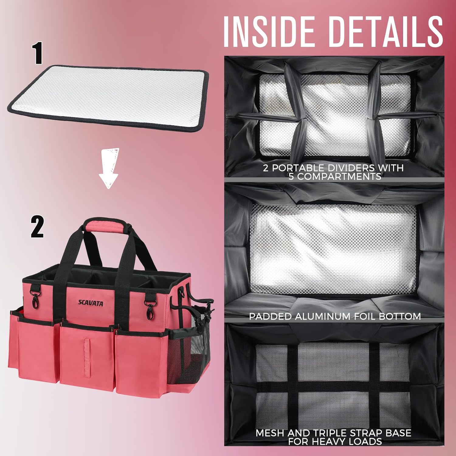 Wearable Cleaning Caddy Bag, Cleaning Caddy Supplies Organizer with Handle & Shoulder Straps for Housekeepers, Under Sink & Car Cleaning Tool Organizers with 4 Foldable Divider (RoseRed)