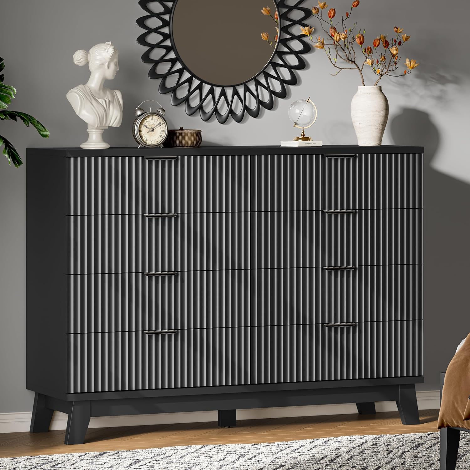 Fluted Dresser with 8 Drawers, 54" Wide Modern Chest of Drawers with Metal Handle, Wooden Dresser TV Stand, Wood Closet Clothes Storage Organizer for Bedroom, Living Room, Hallway, Solid Black